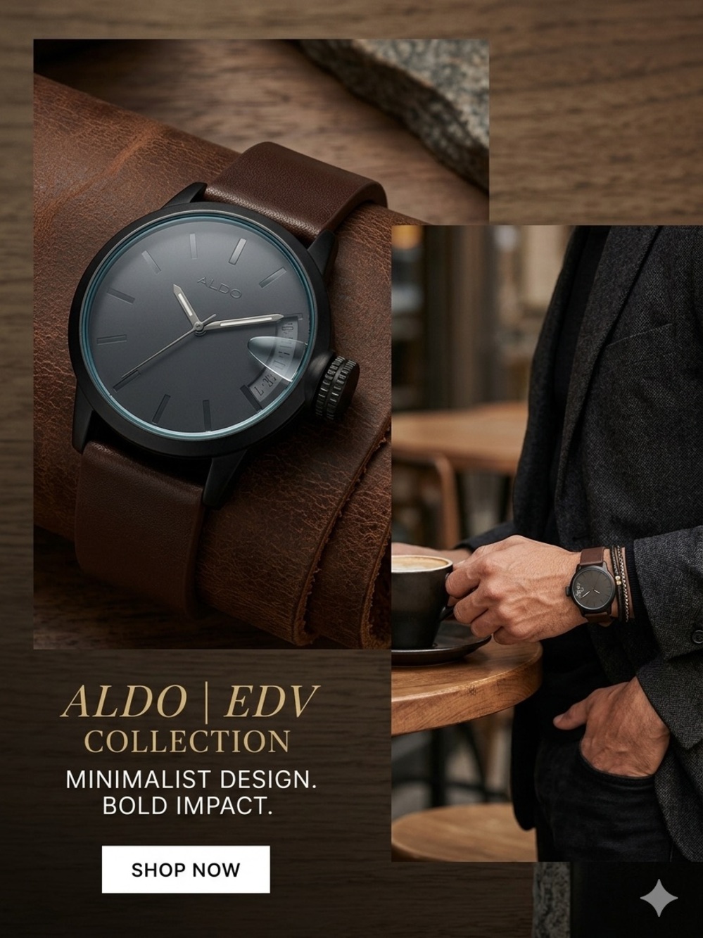 ✨ DISCONTINUED ALDO EDV Men's Watch — Black & Brown Minimalist Layout ✨